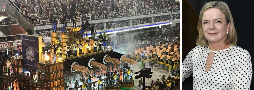 "Histórico desfile da Paraíso da Tuiuti retratando o atual quadro vivido no Brasil após o golpe", comentou a presidente do PT, senadora Gleisi Hoffmann (PT-PR), nas redes sociais; "Fantasias ironizando os desmontes causados pelo atual governo, - como a Reforma Trabalhista, já tão devastadora no dia a dia do povo após sua aprovação - e outros figurinos como fantoches pelo golpe, foram um dos assuntos mais comentados nas redes nesta madrugada. Nota 10 para a escola!!!", postou (Foto: Gisele Federicce) "Histórico desfile da Paraíso da Tuiuti retratando o atual quadro vivido no Brasil após o golpe", comentou a presidente do PT, senadora Gleisi Hoffmann (PT-PR), nas redes sociais; "Fantasias ironizando os desmontes causados pelo atual governo, - como a Reforma Trabalhista, já tão devastadora no dia a dia do povo após sua aprovação - e outros figurinos como fantoches pelo golpe, foram um dos assuntos mais comentados nas redes nesta madrugada. Nota 10 para a escola!!!", postou