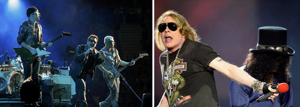 A banda irlandesa U2 acumulou US$ 316 milhões com os 50 shows da turnê de comemoração de seu 30º aniversário, “Joshua Tree”, sendo seguida pela banda de hard rock Guns N‘Roses, que arrecadou US$ 292,5 milhões, de acordo com o ranking das 20 maiores turnês de 2017 da publicação especializada Pollstar; o grupo britânico Coldplay ficou em terceiro lugar, com US$ 238 milhões, na lista na qual Bruno Mars, de ascendência porto-riquenha e filipina, foi o único cantor não branco entre os 10 mais bem colocados, com lucro de US$ 200 milhões (Foto: Leonardo Lucena) A banda irlandesa U2 acumulou US$ 316 milhões com os 50 shows da turnê de comemoração de seu 30º aniversário, “Joshua Tree”, sendo seguida pela banda de hard rock Guns N‘Roses, que arrecadou US$ 292,5 milhões, de acordo com o ranking das 20 maiores turnês de 2017 da publicação especializada Pollstar; o grupo britânico Coldplay ficou em terceiro lugar, com US$ 238 milhões, na lista na qual Bruno Mars, de ascendência porto-riquenha e filipina, foi o único cantor não branco entre os 10 mais bem colocados, com lucro de US$ 200 milhões