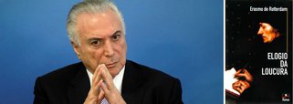"Elogio da Loucura" é uma sátira à sociedade dos séculos XV e XVI, escrita por Desiderius Erasmus Roterodamus. O filósofo construiu um verdadeiro grito de alerta à insensibilidade dos detentores do poder, sobre a perda dos valores da vida. Temer, encarnando a Loucura, vocifera e age em favor da Reforma da Previdência, mentindo sem pudor (Foto: Décio Lima) "Elogio da Loucura" é uma sátira à sociedade dos séculos XV e XVI, escrita por Desiderius Erasmus Roterodamus. O filósofo construiu um verdadeiro grito de alerta à insensibilidade dos detentores do poder, sobre a perda dos valores da vida. Temer, encarnando a Loucura, vocifera e age em favor da Reforma da Previdência, mentindo sem pudor