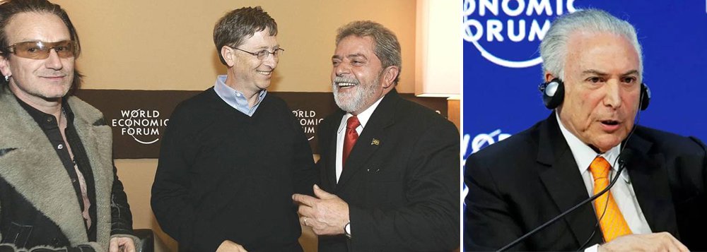 Em janeiro de 2010, o ex-presidente Lula, que hoje sofre uma caçada judicial e midiática sem precedentes no País, se tornou o primeiro chefe de Estado a receber o prêmio de Estadista Global do Fórum Econômico Mundial, em Davos; prêmio foi uma homenagem pela atuação de Lula na erradicação da pobreza, redistribuição de renda e paz mundial; oito anos e um golpe parlamentar depois, Michel Temer foi a Davos discursar para uma plateia vazia, expondo ao mundo a irrelevância em que se transformou o Brasil na economia global (Foto: Aquiles Lins) Em janeiro de 2010, o ex-presidente Lula, que hoje sofre uma caçada judicial e midiática sem precedentes no País, se tornou o primeiro chefe de Estado a receber o prêmio de Estadista Global do Fórum Econômico Mundial, em Davos; prêmio foi uma homenagem pela atuação de Lula na erradicação da pobreza, redistribuição de renda e paz mundial; oito anos e um golpe parlamentar depois, Michel Temer foi a Davos discursar para uma plateia vazia, expondo ao mundo a irrelevância em que se transformou o Brasil na economia global