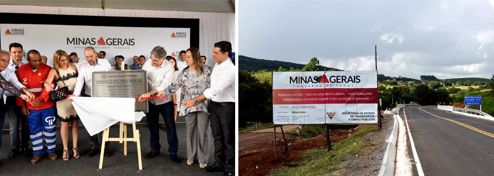 O governador de Minas, Fernando Pimentel (PT), inaugurou, em Três Corações, as obras de construção da ponte sobre o Rio do Peixe, na rodovia LMG-862, que liga o município à São Bento Abade; a ponte, que custou R$ 3,6 milhões, também vai melhorar o acesso à São Thomé das Letras; segundo o governador, essa construção era esperada há pelo menos 30 anos; ele aproveitou o evento para cutucar os adversários ao lembrar o apoio dado pelo ex-presidente Lula ao estado (Foto: Voney Malta) O governador de Minas, Fernando Pimentel (PT), inaugurou, em Três Corações, as obras de construção da ponte sobre o Rio do Peixe, na rodovia LMG-862, que liga o município à São Bento Abade; a ponte, que custou R$ 3,6 milhões, também vai melhorar o acesso à São Thomé das Letras; segundo o governador, essa construção era esperada há pelo menos 30 anos; ele aproveitou o evento para cutucar os adversários ao lembrar o apoio dado pelo ex-presidente Lula ao estado