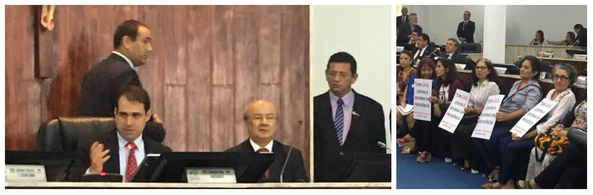 A Câmara Municipal de Fortaleza (CMFor), sob a presidência do vereador Salmito Filho (PDT-CE), realizou hoje (15), uma audiência pública sobre a reforma da Previdência, com a participação do senador José Pimentel (PT-CE). O senador, na condição de ex-ministro da Previdência, no primeiro governo do ex-presidente Lula, conhece profundamente o assunto e apresentou dados oficiais destacando a real situação do sistema previdenciário brasileiro, mostrando claramente o real objetivo do Governo Temer ao querer fazer a reforma. No plenário, um grupo de mulheres protestava, portando cartazes, contra a reforma da previdência (Foto: Fatima 247) A Câmara Municipal de Fortaleza (CMFor), sob a presidência do vereador Salmito Filho (PDT-CE), realizou hoje (15), uma audiência pública sobre a reforma da Previdência, com a participação do senador José Pimentel (PT-CE). O senador, na condição de ex-ministro da Previdência, no primeiro governo do ex-presidente Lula, conhece profundamente o assunto e apresentou dados oficiais destacando a real situação do sistema previdenciário brasileiro, mostrando claramente o real objetivo do Governo Temer ao querer fazer a reforma. No plenário, um grupo de mulheres protestava, portando cartazes, contra a reforma da previdência