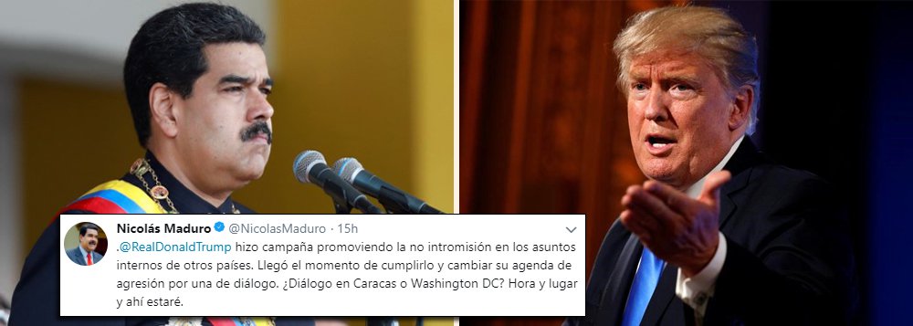 O presidente da Venezuela, Nicolás Maduro, desafiou nessa segunda-feira (19) o presidente dos Estados Unidos, Donald Trump, a estabelecer um diálogo em Caracas ou Washington e pediu que ele mude "sua agenda de pressão" contra a chamada revolução bolivariana; "(Trump) fez campanha promovendo a não intromissão nos assuntos internos de outros países. Chegou o momento de cumprir isso e mudar a agenda de agressão por uma de diálogo. Diálogo em Caracas ou Washington? Diga hora e lugar e aí estarei", escreveu o presidente venezuelano no Twitter, onde marcou o perfil de Trump (Foto: Aquiles Lins) O presidente da Venezuela, Nicolás Maduro, desafiou nessa segunda-feira (19) o presidente dos Estados Unidos, Donald Trump, a estabelecer um diálogo em Caracas ou Washington e pediu que ele mude "sua agenda de pressão" contra a chamada revolução bolivariana; "(Trump) fez campanha promovendo a não intromissão nos assuntos internos de outros países. Chegou o momento de cumprir isso e mudar a agenda de agressão por uma de diálogo. Diálogo em Caracas ou Washington? Diga hora e lugar e aí estarei", escreveu o presidente venezuelano no Twitter, onde marcou o perfil de Trump