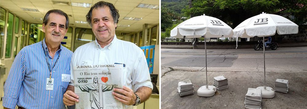 Uma centena de guarda-sóis, em branco e preto e com as logos JORNAL DO BRASIL, marcarão os pontos de distribuição. Duplas de jovens uniformizados com as logos do JORNAL DO BRASIL estarão vendendo os exemplares a R$ 5,00; na foto acima, o diretor administrativo-financeiro, Antônio Carlos Mello Affonso, e o presidente do 'JB', Omar Resende Peres, com o primeiro exemplar (Foto: Leonardo Attuch) Uma centena de guarda-sóis, em branco e preto e com as logos JORNAL DO BRASIL, marcarão os pontos de distribuição. Duplas de jovens uniformizados com as logos do JORNAL DO BRASIL estarão vendendo os exemplares a R$ 5,00; na foto acima, o diretor administrativo-financeiro, Antônio Carlos Mello Affonso, e o presidente do 'JB', Omar Resende Peres, com o primeiro exemplar