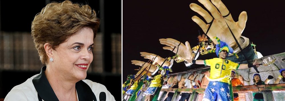 Assim como milhões de brasileiros, a presidente legítima e deposta Dilma Rousseff também lavou a alma neste carnaval, marcado pelo “Fora Temer”; "O carnaval do ‘Fora Temer’ e do Lula Lá’. No Rio, a escola de samba Paraíso do Tuiuti levanta a arquibancada cantando contra a escravidão e a injustiça de uma opressão que nunca acabou", disse a presidente deposta em sua página no Twitter (Foto: Aquiles Lins) Assim como milhões de brasileiros, a presidente legítima e deposta Dilma Rousseff também lavou a alma neste carnaval, marcado pelo “Fora Temer”; "O carnaval do ‘Fora Temer’ e do Lula Lá’. No Rio, a escola de samba Paraíso do Tuiuti levanta a arquibancada cantando contra a escravidão e a injustiça de uma opressão que nunca acabou", disse a presidente deposta em sua página no Twitter