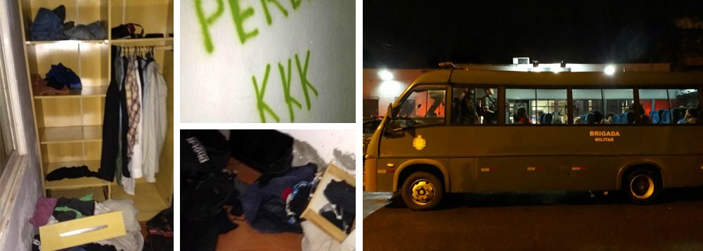 Levante Popular da Juventude afirma que, após a detenção de 26 militantes do movimento em Porto Alegre no dia do julgamento do ex-presidente Lula, "soldados armados e sem mandado de busca e apreensão invadiram a casa de um dos jovens, reviraram seus pertences, picharam as paredes com mensagens de provocação e ódio, agrediram, intimidaram e conduziram arbitrariamente o grupo de jovens que lá se encontrava, para o 3° Departamento de Polícia de Porto Alegre"; em nota, o movimento diz que os "jovens ficaram por uma média de 9 horas dentro do camburão, submetidos a abusos" (Foto: Leonardo Lucena) Levante Popular da Juventude afirma que, após a detenção de 26 militantes do movimento em Porto Alegre no dia do julgamento do ex-presidente Lula, "soldados armados e sem mandado de busca e apreensão invadiram a casa de um dos jovens, reviraram seus pertences, picharam as paredes com mensagens de provocação e ódio, agrediram, intimidaram e conduziram arbitrariamente o grupo de jovens que lá se encontrava, para o 3° Departamento de Polícia de Porto Alegre"; em nota, o movimento diz que os "jovens ficaram por uma média de 9 horas dentro do camburão, submetidos a abusos"