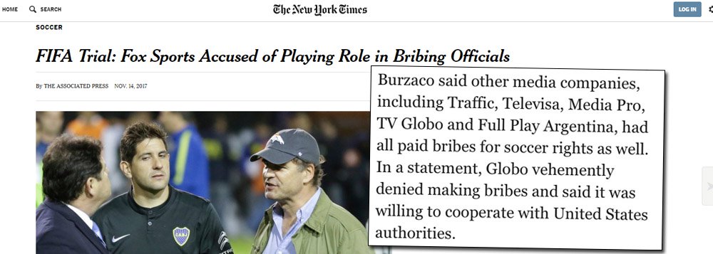Maior jornal dos Estados Unidos, o The New York Times destacou em sua edição de hoje a notícia de que a Globo e outros grupos de comunicação pagaram propinas para adquirir direitos de transmissão; tanto a Globo quanto a Traffic, de J.Hawilla, sócio da emissora estão sendo investigadas (Foto: Leonardo Attuch) www.brasil247.com - Maior jornal dos Estados Unidos, o The New York Times destacou em sua edição de hoje a notícia de que a Globo e outros grupos de comunicação pagaram propinas para adquirir direitos de transmissão; tanto a Globo quanto a Traffic, de J.Hawilla, sócio da emissora estão sendo investigadas