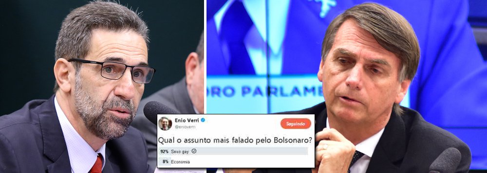 Uma enquete no Twitter do deputado Enio Verri (PT-PR) mostra que a maioria dos internautas considera que o deputado Jair Bolsonaro (PSC-RJ) entende mais de sexo gay do que de economia; para 92% dos votantes, Bolsonaro fala na pré-campanha mais de sexo gay do que de economia (Foto: Charles Nisz) Uma enquete no Twitter do deputado Enio Verri (PT-PR) mostra que a maioria dos internautas considera que o deputado Jair Bolsonaro (PSC-RJ) entende mais de sexo gay do que de economia; para 92% dos votantes, Bolsonaro fala na pré-campanha mais de sexo gay do que de economia