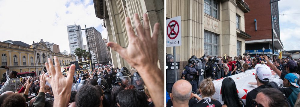 Um vídeo gravado pelo Sindicato dos Muncipários (Simpa) mostra agressões da Guarda Municipal de Porto Alegre na dispersão de servidores que bloqueavam as portas do prédio da Secretaria Municipal de Administração; segundo o sindicato, dois manifestantes foram encaminhados ao HPS: um por ferimento de cassetete e outro por arma de choque; os servidores protestavam contra mudanças no pagamento de gratificações e contra as privatizações dos serviços de água e esgoto da capital gaúcha (Foto: Charles Nisz) Um vídeo gravado pelo Sindicato dos Muncipários (Simpa) mostra agressões da Guarda Municipal de Porto Alegre na dispersão de servidores que bloqueavam as portas do prédio da Secretaria Municipal de Administração; segundo o sindicato, dois manifestantes foram encaminhados ao HPS: um por ferimento de cassetete e outro por arma de choque; os servidores protestavam contra mudanças no pagamento de gratificações e contra as privatizações dos serviços de água e esgoto da capital gaúcha