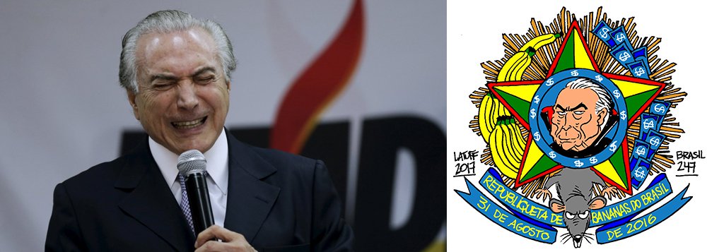 No dia em que se comemora mais um ano da Proclamação da República no Brasil, o chargista Carlos Latuff propôs um novo brasão para simbolizar a república que se transformou o Brasil, depois do golpe parlamentar de 2016, que destituiu sem comprovação de crime uma presidente legítima e honesta e pôs em seu lugar um político acusado de chefiar uma quadrilha (Foto: Aquiles Lins) No dia em que se comemora mais um ano da Proclamação da República no Brasil, o chargista Carlos Latuff propôs um novo brasão para simbolizar a república que se transformou o Brasil, depois do golpe parlamentar de 2016, que destituiu sem comprovação de crime uma presidente legítima e honesta e pôs em seu lugar um político acusado de chefiar uma quadrilha