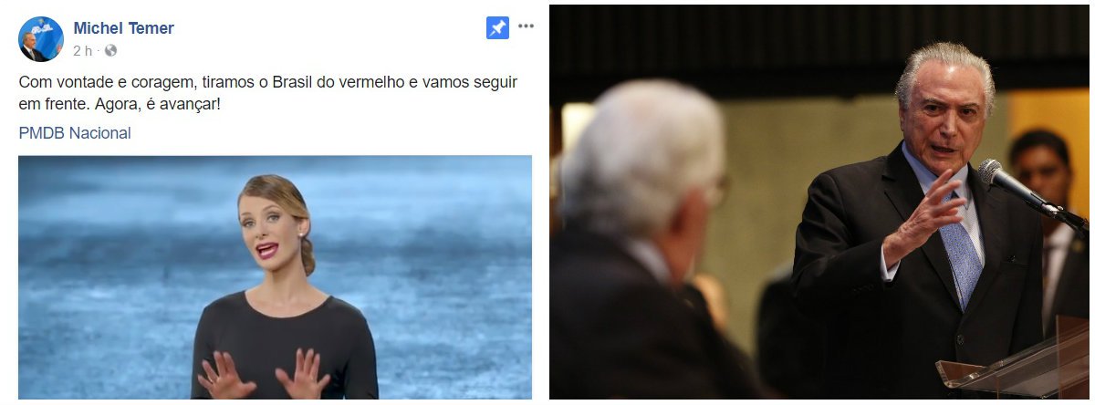 Embora tenha produzido o maior rombo fiscal da história do Brasil, Michel Temer mente aos brasileiros sem pudores e posta nas redes sociais um vídeo do PMDB em que anuncia: "Com vontade e coragem, tiramos o Brasil do vermelho e vamos seguir em frente. Agora, é avançar!"; o texto do vídeo diz que Temer é alvo de perseguições, mas que conseguiu 'desmontar a trama' e trazer a verdade à tona; "A verdade é libertadora", diz ele; internautas não deixaram barato: "É muita cara de pau! Vocês mergulharam o país nessa república de ladrões, de maracutaias", lembrou um; "Além de golpista é mentiroso", destacou outro (Foto: Gisele Federicce) Embora tenha produzido o maior rombo fiscal da história do Brasil, Michel Temer mente aos brasileiros sem pudores e posta nas redes sociais um vídeo do PMDB em que anuncia: "Com vontade e coragem, tiramos o Brasil do vermelho e vamos seguir em frente. Agora, é avançar!"; o texto do vídeo diz que Temer é alvo de perseguições, mas que conseguiu 'desmontar a trama' e trazer a verdade à tona; "A verdade é libertadora", diz ele; internautas não deixaram barato: "É muita cara de pau! Vocês mergulharam o país nessa república de ladrões, de maracutaias", lembrou um; "Além de golpista é mentiroso", destacou outro