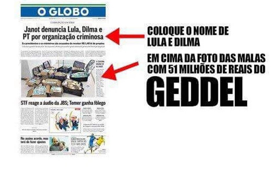 "O que tem sido praticado por alguns dos grandes veículos de comunicação brasileiros pode ser chamado de tudo, menos de jornalismo. O facciosismo com que informam, desinformam ou deformam há tempos atingiu níveis insuportáveis de irresponsabilidade", escreve o deputado federal Orlando Silva, do PCdoB; ele critica "falsificações, manipulações canhestras e irresponsáveis, que visam enganar o leitor desatento", e destaca que este é o caso da capa do jornal O Globo desta quarta-feira 6, que estampou a foto dos R$ 51 milhões de Geddel Vieira Lima, encontrados num apartamento, com uma manchete sobre denúncia apresentada contra Lula e Dilma, insinuando que o dinheiro seria dos ex-presidentes (Foto: Orlando Silva) "O que tem sido praticado por alguns dos grandes veículos de comunicação brasileiros pode ser chamado de tudo, menos de jornalismo. O facciosismo com que informam, desinformam ou deformam há tempos atingiu níveis insuportáveis de irresponsabilidade", escreve o deputado federal Orlando Silva, do PCdoB; ele critica "falsificações, manipulações canhestras e irresponsáveis, que visam enganar o leitor desatento", e destaca que este é o caso da capa do jornal O Globo desta quarta-feira 6, que estampou a foto dos R$ 51 milhões de Geddel Vieira Lima, encontrados num apartamento, com uma manchete sobre denúncia apresentada contra Lula e Dilma, insinuando que o dinheiro seria dos ex-presidentes