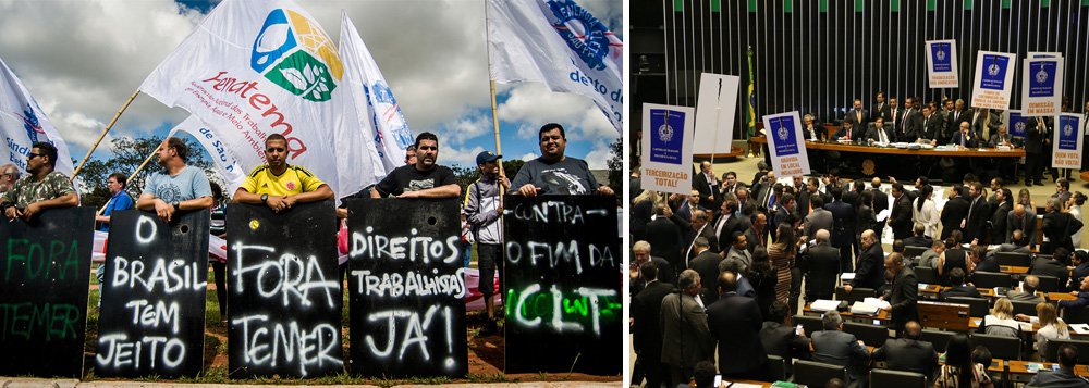 Segundo pesquisa Vox Populi, 79% dos trabalhadores brasileiros não votarão em deputados que aprovaram a reforma trabalhista do governo Temer, cujas regras entram em vigor no próximo dia 11; para o presidente da CUT, Vagner Freitas, os dados da pesquisa mostram o que temos afirmado para os trabalhadores: "A grande maioria dos parlamentares está no Congresso Nacional para defender os próprios interesses e não os direitos dos trabalhadores"; a reforma foi aprovada na Câmara em abril, sob protestos de deputados da oposição, que levaram cartazes da carteira de trabalho e caixões, declarando a morte da CLT, e em julho no Senado (Foto: Gisele Federicce) Segundo pesquisa Vox Populi, 79% dos trabalhadores brasileiros não votarão em deputados que aprovaram a reforma trabalhista do governo Temer, cujas regras entram em vigor no próximo dia 11; para o presidente da CUT, Vagner Freitas, os dados da pesquisa mostram o que temos afirmado para os trabalhadores: "A grande maioria dos parlamentares está no Congresso Nacional para defender os próprios interesses e não os direitos dos trabalhadores"; a reforma foi aprovada na Câmara em abril, sob protestos de deputados da oposição, que levaram cartazes da carteira de trabalho e caixões, declarando a morte da CLT, e em julho no Senado