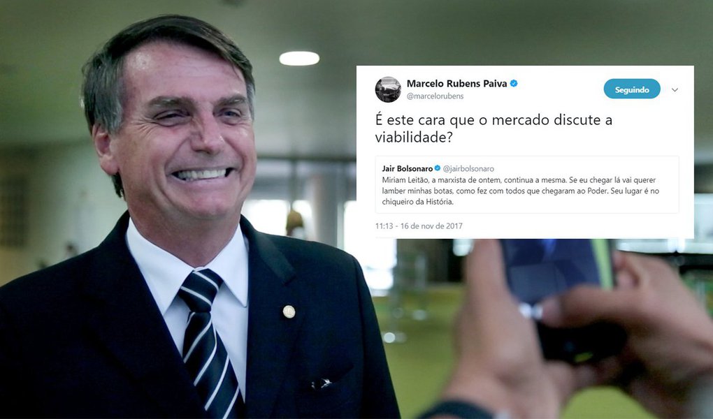 O escritor Marcelo Rubens Paiva, em sua conta no Twitter, critica o fato do deputado federal e presidenciável Jair Bolsonaro (PSC-RJ) reagir de modo violento a qualquer crítica: "É este cara que o mercado discute a viabilidade?", escreveu Paiva; na terça-feira, Bolsonaro insinuou que a jornalista Miriam Leitão é uma "porca" após a colunista dizer que "Bolsonaro não sabe nada de economia" (Foto: Charles Nisz) O escritor Marcelo Rubens Paiva, em sua conta no Twitter, critica o fato do deputado federal e presidenciável Jair Bolsonaro (PSC-RJ) reagir de modo violento a qualquer crítica: "É este cara que o mercado discute a viabilidade?", escreveu Paiva; na terça-feira, Bolsonaro insinuou que a jornalista Miriam Leitão é uma "porca" após a colunista dizer que "Bolsonaro não sabe nada de economia"
