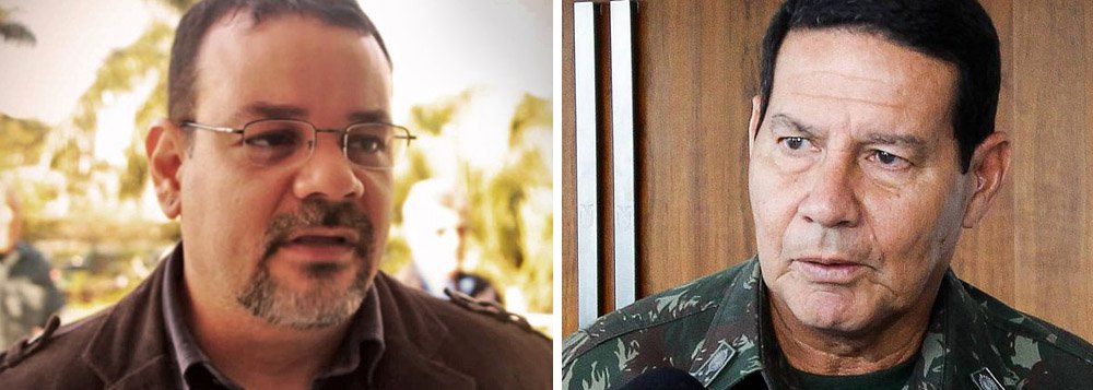 Paulo Fonteles Filho lembra as histórias terríveis contadas por seus pais, Paulo Fonteles de Lima e Hecilda Meire Ferreira Veiga, que foram presos e torturados; "Minha mãe, general Mourão, me pariu com 37 quilos, foi cortada e costurada sem anestesia e não disse um ai. E isso ocorreu dentro das dependências do próprio Ministério do Exército, lugar onde dás expediente como servidor público federal", escreve; "O que o Brasil precisa general, com urgência, é a reconstrução da democracia, um judiciário independente, uma mídia imparcial, um parlamento sensível aos interesses da maioria na forma do respeito ao voto popular"; num evento em Brasília, o general Mourão sugeriu intervenção militar para resolver os problemas do Brasil, caso o Judiciário não punisse os corruptos (Foto: José Barbacena) Paulo Fonteles Filho lembra as histórias terríveis contadas por seus pais, Paulo Fonteles de Lima e Hecilda Meire Ferreira Veiga, que foram presos e torturados; "Minha mãe, general Mourão, me pariu com 37 quilos, foi cortada e costurada sem anestesia e não disse um ai. E isso ocorreu dentro das dependências do próprio Ministério do Exército, lugar onde dás expediente como servidor público federal", escreve; "O que o Brasil precisa general, com urgência, é a reconstrução da democracia, um judiciário independente, uma mídia imparcial, um parlamento sensível aos interesses da maioria na forma do respeito ao voto popular"; num evento em Brasília, o general Mourão sugeriu intervenção militar para resolver os problemas do Brasil, caso o Judiciário não punisse os corruptos