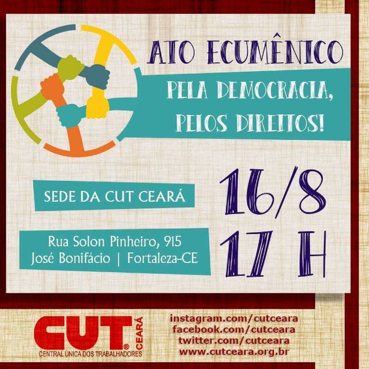 Após ter sido alvo de um atentado, no dia 20 de julho, sem que até o momento, a polícia tenha identificado os bandidos, a Central Unica dos Trabalhadores do Ceará (CUT-CE), realiza nesta quarta-feira (16), um ato ecumênico, em defesa da democracia e dos direitos. O ato está marcado para as 17 horas, na sede da entidade, à Rua Solon Pinheiro, 915, em Fortaleza (Foto: Fatima 247) Após ter sido alvo de um atentado, no dia 20 de julho, sem que até o momento, a polícia tenha identificado os bandidos, a Central Unica dos Trabalhadores do Ceará (CUT-CE), realiza nesta quarta-feira (16), um ato ecumênico, em defesa da democracia e dos direitos. O ato está marcado para as 17 horas, na sede da entidade, à Rua Solon Pinheiro, 915, em Fortaleza