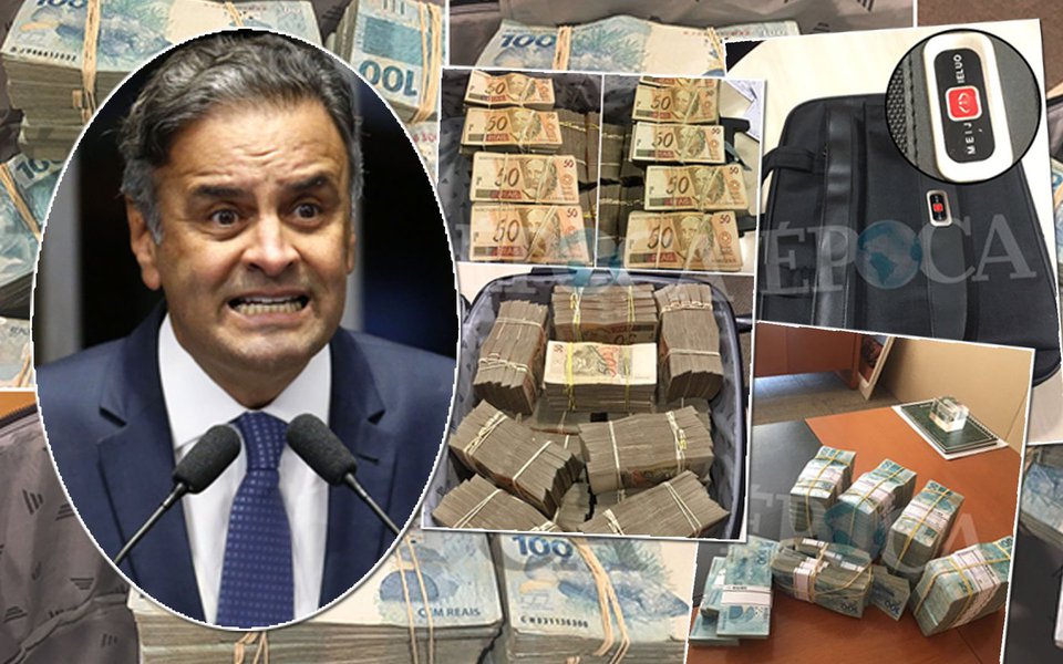 A revista Época publica, nesta sexta-feira, as imagens da propina de R$ 2 milhões paga pela JBS ao senador Aécio Neves (PSDB-MG), que perdeu as eleições de 2014, mas assaltou o poder ao liderar o golpe de 2016, em parceria com Eduardo Cunha e Michel Temer; foram três pagamentos de R$ 500 mil para Aécio, entregues pelo ex-diretor da JBS Ricardo Saud ao primo de Aécio, Frederico Pacheco; Aécio, na prática, hoje governa o Brasil, pois indicou quatro ministros e o presidente da Petrobras, Pedro Parente; foi também ele quem orientou um aliado, o deputado Paulo Abi-Ackel a produzir o parecer que salvou Temer; novo pedido de prisão de Aécio, feito pelo procurador geral Rodrigo Janot, deve ser julgado em breve, pela 1ª Turma do STF; as imagens são chocantes (Foto: Aquiles Lins) A revista Época publica, nesta sexta-feira, as imagens da propina de R$ 2 milhões paga pela JBS ao senador Aécio Neves (PSDB-MG), que perdeu as eleições de 2014, mas assaltou o poder ao liderar o golpe de 2016, em parceria com Eduardo Cunha e Michel Temer; foram três pagamentos de R$ 500 mil para Aécio, entregues pelo ex-diretor da JBS Ricardo Saud ao primo de Aécio, Frederico Pacheco; Aécio, na prática, hoje governa o Brasil, pois indicou quatro ministros e o presidente da Petrobras, Pedro Parente; foi também ele quem orientou um aliado, o deputado Paulo Abi-Ackel a produzir o parecer que salvou Temer; novo pedido de prisão de Aécio, feito pelo procurador geral Rodrigo Janot, deve ser julgado em breve, pela 1ª Turma do STF; as imagens são chocantes