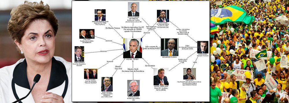 Sabe aquela turma que se vestiu de verde e amarelo e saiu às ruas para protestar contra a corrupção? Pois é: foram todos enganados. Com o golpe de 2016, o Brasil trocou uma presidente honesta, e também a primeira mulher a ocupar o cargo, pelo chefe de uma máfia, segundo a Polícia Federal. Contra Dilma Rousseff, não há a acusação de que ela tenha desviado um clips do Palácio do Planalto. Contra Michel Temer, as evidências apontam propinas de R$ 31,5 milhões, sem contar os amigos que o cercam – um deles, Geddel Vieira Lima, em cujo bunker foram encontrados nada menos que R$ 51 milhões em propinas. É uma situação vergonhosa e a única saída digna seria a anulação do golpe e um pedido coletivo de desculpas a Dilma (Foto: Leonardo Attuch) Sabe aquela turma que se vestiu de verde e amarelo e saiu às ruas para protestar contra a corrupção? Pois é: foram todos enganados. Com o golpe de 2016, o Brasil trocou uma presidente honesta, e também a primeira mulher a ocupar o cargo, pelo chefe de uma máfia, segundo a Polícia Federal. Contra Dilma Rousseff, não há a acusação de que ela tenha desviado um clips do Palácio do Planalto. Contra Michel Temer, as evidências apontam propinas de R$ 31,5 milhões, sem contar os amigos que o cercam – um deles, Geddel Vieira Lima, em cujo bunker foram encontrados nada menos que R$ 51 milhões em propinas. É uma situação vergonhosa e a única saída digna seria a anulação do golpe e um pedido coletivo de desculpas a Dilma