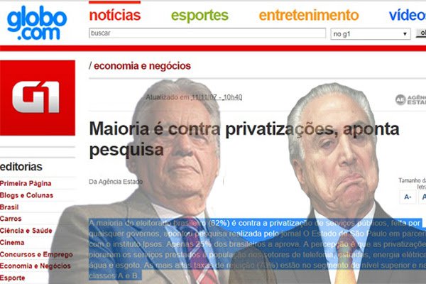 Apenas 25% dos brasileiros aprovava as privatizações. A percepção era a de que as privatizações pioraram os serviços prestados à população nos setores de telefonia, estradas, energia elétrica e água e esgoto (Foto: Eduardo Guimarães) Apenas 25% dos brasileiros aprovava as privatizações. A percepção era a de que as privatizações pioraram os serviços prestados à população nos setores de telefonia, estradas, energia elétrica e água e esgoto