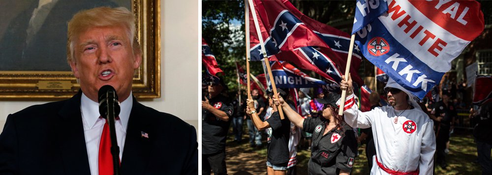 Após sofrer duras críticas no fim de semana, o presidente dos Estados Unidos, Donald Trump, elevou o tom em seus comentários sobe os eventos de racismo que resultaram na morte de uma mulher em Charlottesville; republicano determinou uma investigação e garantiu que os envolvidos serão punidos; "Para qualquer um que agiu criminosamente na violência racista deste final de semana, você será plenamente responsabilizado. A Justiça será feita", disse Trump; "Não vamos poupar recursos parar proteger cidadãos americanos", garantiu (Foto: Aquiles Lins) Após sofrer duras críticas no fim de semana, o presidente dos Estados Unidos, Donald Trump, elevou o tom em seus comentários sobe os eventos de racismo que resultaram na morte de uma mulher em Charlottesville; republicano determinou uma investigação e garantiu que os envolvidos serão punidos; "Para qualquer um que agiu criminosamente na violência racista deste final de semana, você será plenamente responsabilizado. A Justiça será feita", disse Trump; "Não vamos poupar recursos parar proteger cidadãos americanos", garantiu