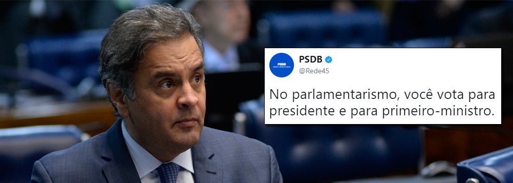 Em post no Twitter oficial do partido, mensagem desinforma a população, de má-fé, sobre o parlamentarismo: "No parlamentarismo, você vota para presidente e para primeiro-ministro"; na verdade, pelo sistema parlamentarista, quem efetivamente governa o país é o primeiro-ministro, escolhido em eleição indireta, com os votos do parlamentares; partido que articulou o golpe contra Dilma Rousseff, por iniciativa de Aécio Neves, agora tenta enfiar o parlamentarismo goela abaixo da população (Foto: Charles Nisz) Em post no Twitter oficial do partido, mensagem desinforma a população, de má-fé, sobre o parlamentarismo: "No parlamentarismo, você vota para presidente e para primeiro-ministro"; na verdade, pelo sistema parlamentarista, quem efetivamente governa o país é o primeiro-ministro, escolhido em eleição indireta, com os votos do parlamentares; partido que articulou o golpe contra Dilma Rousseff, por iniciativa de Aécio Neves, agora tenta enfiar o parlamentarismo goela abaixo da população