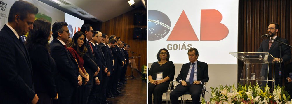 Cerca de 800 advogados reunidos nesta quinta-feira 5 em conferência realizada em Goiânia promoveram um minuto de silêncio em respeito à morte do reitor da UFSC, Luiz Carlos Cancellier de Olivo; o ato foi provocado pelo secretário-geral da OAB, Felipe Sarmento, que em seu discurso criticou a exposição midiática ostensiva dos cidadãos em ações policiais recentes sem que contra eles pesem prova irrefutável ou condenação judicial; "Não há Brasil se sacrificarmos o Estado Democrático de Direito", declarou (Foto: Gisele Federicce) Cerca de 800 advogados reunidos nesta quinta-feira 5 em conferência realizada em Goiânia promoveram um minuto de silêncio em respeito à morte do reitor da UFSC, Luiz Carlos Cancellier de Olivo; o ato foi provocado pelo secretário-geral da OAB, Felipe Sarmento, que em seu discurso criticou a exposição midiática ostensiva dos cidadãos em ações policiais recentes sem que contra eles pesem prova irrefutável ou condenação judicial; "Não há Brasil se sacrificarmos o Estado Democrático de Direito", declarou