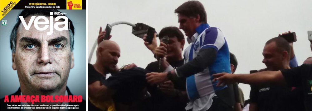 Tradicionalmente alinhada com o PSDB, a revista Veja divulgou sua capa deste fim de semana em que trata o deputado Jair Bolsonaro (PSC-RJ) como uma ameaça ao Brasil; pré-candidato a presidente em ascensão, Bolsonaro se aproveita do clima de divisão e ódio instalado no País desde de 2014, com auxílio fundamental dos veículos de comunicação, entre eles a revista da família Civita (Foto: Aquiles Lins) Tradicionalmente alinhada com o PSDB, a revista Veja divulgou sua capa deste fim de semana em que trata o deputado Jair Bolsonaro (PSC-RJ) como uma ameaça ao Brasil; pré-candidato a presidente em ascensão, Bolsonaro se aproveita do clima de divisão e ódio instalado no País desde de 2014, com auxílio fundamental dos veículos de comunicação, entre eles a revista da família Civita