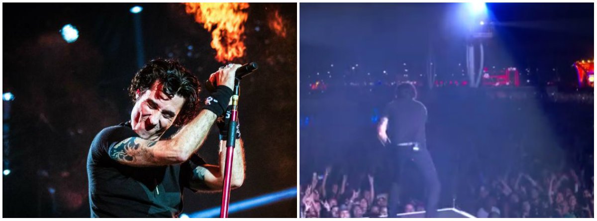 Em show do Capital Inicial no Rock in Rio, o vocalista da banda, Dinho Ouro Preto, proferiu discursos que fizeram o público gritar "Fora, Temer" e, por duas vezes, puxar coro de "Ei, Temer, vai tomar no c..."; o cantor pediu "Fora Temer, fora todos, uma longa lista"; "É uma lista longa que sequestrou a democracia brasileira, conspirou contra a esperança de todos nós"
(Foto: Leonardo Lucena)
Em show do Capital Inicial no Rock in Rio, o vocalista da banda, Dinho Ouro Preto, proferiu discursos que fizeram o público gritar "Fora, Temer" e, por duas vezes, puxar coro de "Ei, Temer, vai tomar no c..."; o cantor pediu "Fora Temer, fora todos, uma longa lista"; "É uma lista longa que sequestrou a democracia brasileira, conspirou contra a esperança de todos nós"