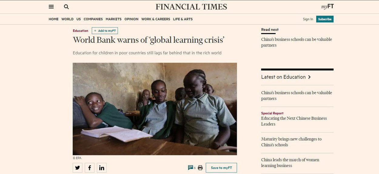 Matéria publicada nesta quinta-feira (28) pelo Financial Times analisa o resultado de um relatório divulgado pelo Banco Mundial, onde foi registrado um nível muito baixo de aprendizagem de crianças; Times afirma que de acordo com o Banco Mundial, os esforços para obter mais filhos nas escolas nos países em desenvolvimento não conseguiu proporcionar uma melhoria real da educação, com a constatação de crianças em países pobres ainda muito mais atrasados do que seus pares no mundo rico; no Brasil, estudos mostram que, na atual taxa de progresso, somente daqui a 75 anos as crianças abaixo de 15 anos terão as mesmas habilidades de matemática que o país médio da OECD, enquanto que na leitura levará mais de 260 anos (Foto: Aquiles Lins) Matéria publicada nesta quinta-feira (28) pelo Financial Times analisa o resultado de um relatório divulgado pelo Banco Mundial, onde foi registrado um nível muito baixo de aprendizagem de crianças; Times afirma que de acordo com o Banco Mundial, os esforços para obter mais filhos nas escolas nos países em desenvolvimento não conseguiu proporcionar uma melhoria real da educação, com a constatação de crianças em países pobres ainda muito mais atrasados do que seus pares no mundo rico; no Brasil, estudos mostram que, na atual taxa de progresso, somente daqui a 75 anos as crianças abaixo de 15 anos terão as mesmas habilidades de matemática que o país médio da OECD, enquanto que na leitura levará mais de 260 anos