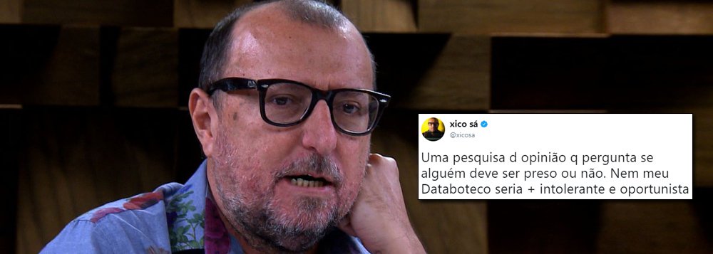 O jornalista Xico Sá, colunista do jornal El País, criticou a pesquisa do instituto Datafolha sobre se o ex-presidente Luiz Inácio Lula da Silva deveria ser preso ou não; "Uma pesquisa d opinião q pergunta se alguém deve ser preso ou não. Nem meu Databoteco seria + intolerante e oportunista", escreveu Sá em sua página no Twitter (Foto: Aquiles Lins) O jornalista Xico Sá, colunista do jornal El País, criticou a pesquisa do instituto Datafolha sobre se o ex-presidente Luiz Inácio Lula da Silva deveria ser preso ou não; "Uma pesquisa d opinião q pergunta se alguém deve ser preso ou não. Nem meu Databoteco seria + intolerante e oportunista", escreveu Sá em sua página no Twitter