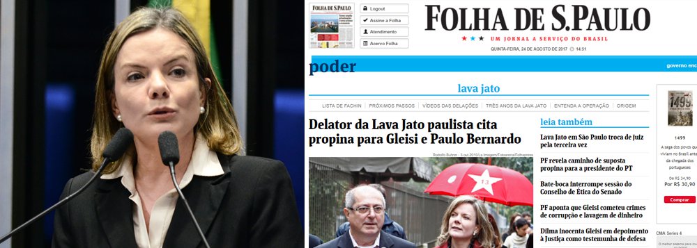 A senadora Gleisi Hoffmann, presidente nacional do PT, acusou o jornal Folha de S. Paulo de promover notícias falsas sobre ela e o PT - a matéria do jornal paulista está intitulada como "Delator da Lava Jato paulista cita propina para Gleisi e Paulo Bernardo"; de acordo com a parlamentar, "esse assunto já foi noticiado anteriormente e já o desmentimos"; "Seria bom que o jornal, ao fazer a denúncia, colocasse as provas que dão base ao que se fala", criticou a dirigente petista (Foto: Leonardo Lucena) A senadora Gleisi Hoffmann, presidente nacional do PT, acusou o jornal Folha de S. Paulo de promover notícias falsas sobre ela e o PT - a matéria do jornal paulista está intitulada como "Delator da Lava Jato paulista cita propina para Gleisi e Paulo Bernardo"; de acordo com a parlamentar, "esse assunto já foi noticiado anteriormente e já o desmentimos"; "Seria bom que o jornal, ao fazer a denúncia, colocasse as provas que dão base ao que se fala", criticou a dirigente petista