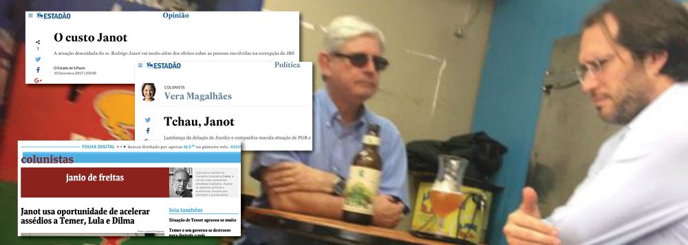 A atuação do procurador-geral da República, Rodrigo Janot, no episódio das delações da JBS foi o estopim para que parte dos principais jornais do País lhe abandonasse; em editorial "O custo Janot", o Estadão o culpa por atrapalhar "a vida de todos os brasileiros, ao comprometer a recuperação da economia"; já colunista Vera Magalhães diz que Janor se "constitui o maior ataque aos fundamentos da Lava Jato"; já a extrema direita distribui pela rede o encontro de boteco, ontem, entre ele e o advogado de Joesley Batista, Pierpaolo Bottini; "Acusar Lula e Dilma, os governantes que deram não apenas apoio, mas a independência que o Ministério Público, passaram a ser o gemido de perdão de Janot às elites do dinheiro e da mídia", diz Fernando Brito (Foto: Aquiles Lins) A atuação do procurador-geral da República, Rodrigo Janot, no episódio das delações da JBS foi o estopim para que parte dos principais jornais do País lhe abandonasse; em editorial "O custo Janot", o Estadão o culpa por atrapalhar "a vida de todos os brasileiros, ao comprometer a recuperação da economia"; já colunista Vera Magalhães diz que Janor se "constitui o maior ataque aos fundamentos da Lava Jato"; já a extrema direita distribui pela rede o encontro de boteco, ontem, entre ele e o advogado de Joesley Batista, Pierpaolo Bottini; "Acusar Lula e Dilma, os governantes que deram não apenas apoio, mas a independência que o Ministério Público, passaram a ser o gemido de perdão de Janot às elites do dinheiro e da mídia", diz Fernando Brito