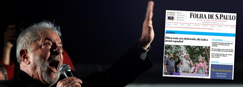 "A Folha e o UOL divulgaram uma versão errada de uma declaração que Lula jamais deu sobre Dilma. Ouça o áudio da entrevista ao El Mundo", publicou a assessoria de imprensa do ex-presidente; a Folha e o UOL disseram no título de suas reportagens sobre a entrevista que Lula disse que "Dilma traiu seu eleitorado"; na entrevista, Lula declara que "as pessoas se sentiram traídas", porque Dilma teria prometido na campanha que não faria reforma fiscal, mas acabou realizando, "sem discussão", pouco depois de vencer a eleição de 2014 (Foto: Gisele Federicce) "A Folha e o UOL divulgaram uma versão errada de uma declaração que Lula jamais deu sobre Dilma. Ouça o áudio da entrevista ao El Mundo", publicou a assessoria de imprensa do ex-presidente; a Folha e o UOL disseram no título de suas reportagens sobre a entrevista que Lula disse que "Dilma traiu seu eleitorado"; na entrevista, Lula declara que "as pessoas se sentiram traídas", porque Dilma teria prometido na campanha que não faria reforma fiscal, mas acabou realizando, "sem discussão", pouco depois de vencer a eleição de 2014