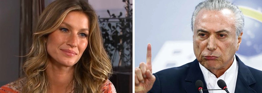 Incapaz de liderar o país, Michel Temer agora culpa Gisele Bundchen pelo fracasso ambiental do seu governo; após bater recorde de popularidade negativa, Temer acha que a queda da aprovação aconteceu por conta das críticas da modelo brasileira à extinção de uma reserva ambiental na Amazônia (Foto: Charles Nisz) Incapaz de liderar o país, Michel Temer agora culpa Gisele Bundchen pelo fracasso ambiental do seu governo; após bater recorde de popularidade negativa, Temer acha que a queda da aprovação aconteceu por conta das críticas da modelo brasileira à extinção de uma reserva ambiental na Amazônia