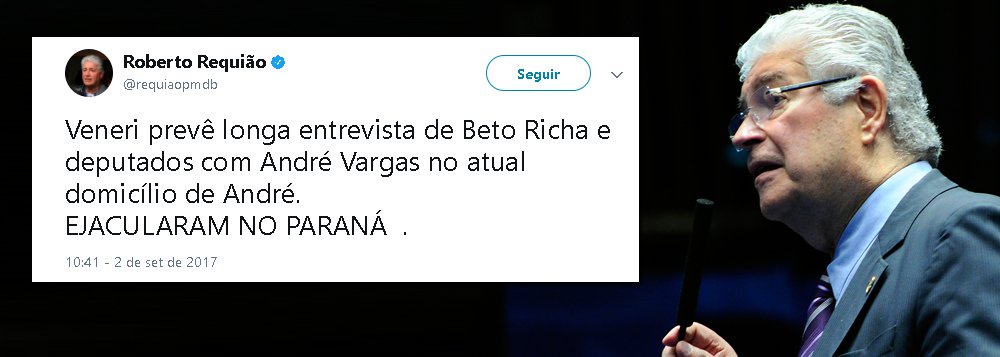 O senador Roberto Requião (PMDB-PR), presidente da Frente Ampla Nacionalista, tem uma certeza: os corruptos "ejacularam" no Paraná e no Brasil; desabafo do parlamentar tem relação com as delações no âmbito da Operação Quadro Negro, que apontam a cúpula do governo do Paraná no roubo de escolas, e nas da lava jato que não têm fim, indicando o envolvimento da cúpula nacional peemedebista em "assaltos" ao país; "Ladrões de escolas não construídas, ladrões do fisco, vaidosos com péssimas alianças ... Será isto que nos resta? Espero que não!", tuitou Requião (Foto: Aquiles Lins) O senador Roberto Requião (PMDB-PR), presidente da Frente Ampla Nacionalista, tem uma certeza: os corruptos "ejacularam" no Paraná e no Brasil; desabafo do parlamentar tem relação com as delações no âmbito da Operação Quadro Negro, que apontam a cúpula do governo do Paraná no roubo de escolas, e nas da lava jato que não têm fim, indicando o envolvimento da cúpula nacional peemedebista em "assaltos" ao país; "Ladrões de escolas não construídas, ladrões do fisco, vaidosos com péssimas alianças ... Será isto que nos resta? Espero que não!", tuitou Requião