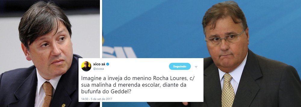 O jornalista Xico Sá lançou mão da ironia para descrever a indignação diante da apreensão de R$ 25 milhões em dinheiro no apartamento ligado ao ex-ministro Geddel Vieira Lima; "Imagine a inveja do menino Rocha Loures, com sua malinha de merenda escolar diante da bufunfa de Geddel", escreveu Xico em seu Twitter; em julho, Rocha Loures foi flagrado com R$ 500 mil em restaurante de São Paulo (Foto: Charles Nisz) O jornalista Xico Sá lançou mão da ironia para descrever a indignação diante da apreensão de R$ 25 milhões em dinheiro no apartamento ligado ao ex-ministro Geddel Vieira Lima; "Imagine a inveja do menino Rocha Loures, com sua malinha de merenda escolar diante da bufunfa de Geddel", escreveu Xico em seu Twitter; em julho, Rocha Loures foi flagrado com R$ 500 mil em restaurante de São Paulo