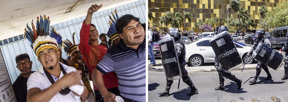 Agentes usaram bombas de gás contra cerca de 100 indígenas que tentavam entrar na Câmara dos Deputados nesta manhã para participar de uma audiência sobre arrendamento de terras; confira o vídeo (Foto: Gisele Federicce) Agentes usaram bombas de gás contra cerca de 100 indígenas que tentavam entrar na Câmara dos Deputados nesta manhã para participar de uma audiência sobre arrendamento de terras; confira o vídeo