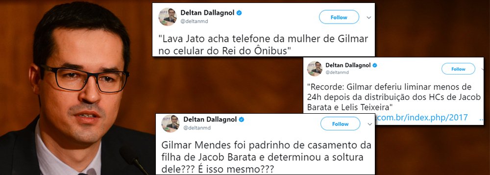 O procurador Deltan Dallagnol, da força-tarefa da Lava Jato, passou a mobilizar seus seguidores no Twitter contra Gilmar Mendes depois de saber que o ministro do STF foi padrinho de casamento da filha de Jacob Barata Fillho, empresário que ele mandou soltar duas vezes; "Gilmar Mendes foi padrinho de casamento da filha de Jacob Barata e determinou a soltura dele??? É isso mesmo???", postou, indignado (Foto: Charles Nisz) O procurador Deltan Dallagnol, da força-tarefa da Lava Jato, passou a mobilizar seus seguidores no Twitter contra Gilmar Mendes depois de saber que o ministro do STF foi padrinho de casamento da filha de Jacob Barata Fillho, empresário que ele mandou soltar duas vezes; "Gilmar Mendes foi padrinho de casamento da filha de Jacob Barata e determinou a soltura dele??? É isso mesmo???", postou, indignado