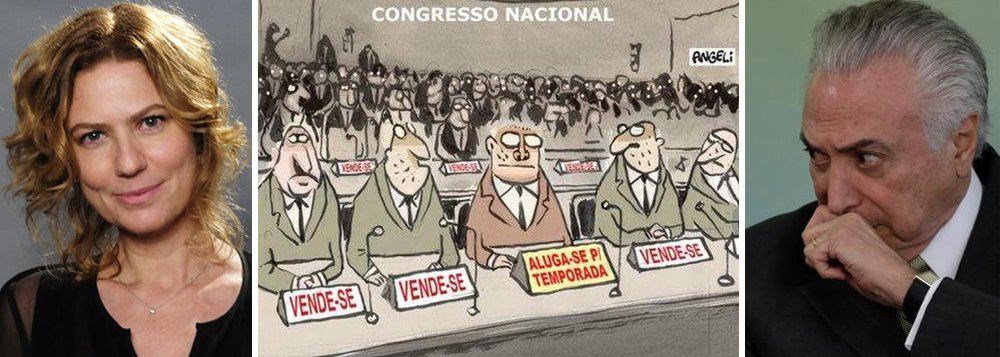 Atriz Patrícia Pillar fez uma dura crítica à situação do País e à própria população brasileira nesta quarta-feira, 2, dia histórico em que a Câmara dos Deputados vota o prosseguimento ou não da denúncia de corrupção passiva contra Michel Temer; "É com muita tristeza que digo que o povo brasileiro, em sua grande maioria, está sendo conivente com o estado de banditismo em que vivemos", disse Pillar em sua página no Twitter; nesta mesma quarta-feira, Michel Temer, sem pudor nenhum, enviou à Câmara o ministro Antônio Imbassahy à Câmara para negociar compra de votos de deputados em pleno plenário da Casa; Congresso à venda foi retratado também pelo chargista Angeli (Foto: Aquiles Lins) Atriz Patrícia Pillar fez uma dura crítica à situação do País e à própria população brasileira nesta quarta-feira, 2, dia histórico em que a Câmara dos Deputados vota o prosseguimento ou não da denúncia de corrupção passiva contra Michel Temer; "É com muita tristeza que digo que o povo brasileiro, em sua grande maioria, está sendo conivente com o estado de banditismo em que vivemos", disse Pillar em sua página no Twitter; nesta mesma quarta-feira, Michel Temer, sem pudor nenhum, enviou à Câmara o ministro Antônio Imbassahy à Câmara para negociar compra de votos de deputados em pleno plenário da Casa; Congresso à venda foi retratado também pelo chargista Angeli