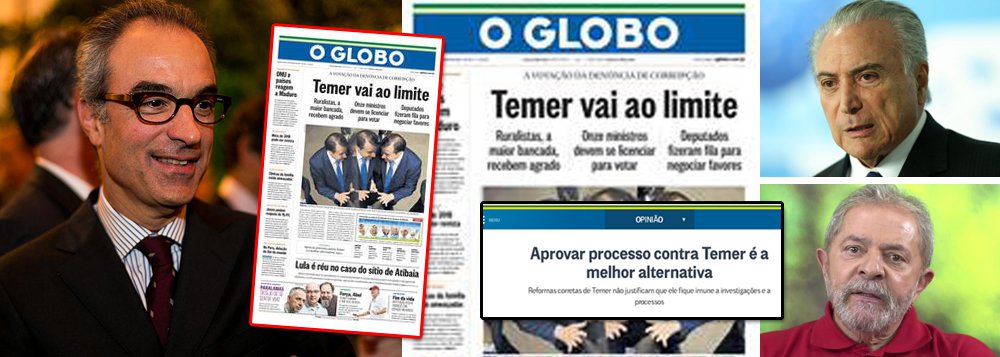 Um dos principais pilares do golpe de 2016, que derrubou a presidente honesta Dilma Rousseff e instalou no poder Michel Temer, o primeiro ocupante da presidência denunciado por corrupção na história do Brasil, o Globo, de João Roberto Marinho, voltou a pedir a queda de seu ex-aliado e fez uma crítica à seletividade do Poder Judiciário, que usa critérios diferenciados para o ex-presidente Lula; "Ora, o que o Ministério Público Federal entende sobre o comportamento do ex-presidente Lula nas relações promíscuas com empreiteiras precisa valer para todos. Não pode existir uma metodologia de interpretação de fatos entre procuradores e juízes que só valham para o PT. Inconcebível é fazer de conta que nada houve de pelo menos estranho no relacionamento entre Temer, JBS, Joesley, Loures e outros" (Foto: Leonardo Attuch) Um dos principais pilares do golpe de 2016, que derrubou a presidente honesta Dilma Rousseff e instalou no poder Michel Temer, o primeiro ocupante da presidência denunciado por corrupção na história do Brasil, o Globo, de João Roberto Marinho, voltou a pedir a queda de seu ex-aliado e fez uma crítica à seletividade do Poder Judiciário, que usa critérios diferenciados para o ex-presidente Lula; "Ora, o que o Ministério Público Federal entende sobre o comportamento do ex-presidente Lula nas relações promíscuas com empreiteiras precisa valer para todos. Não pode existir uma metodologia de interpretação de fatos entre procuradores e juízes que só valham para o PT. Inconcebível é fazer de conta que nada houve de pelo menos estranho no relacionamento entre Temer, JBS, Joesley, Loures e outros"