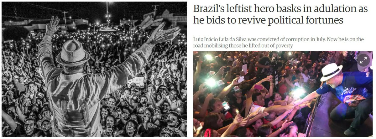 Enquanto a viagem do ex-presidente pelos 9 estados do Nordeste ganha pouco destaque na imprensa nacional, o jornal britânico The Guardian chama o petista de "herói da esquerda" e afirma que ele vem sendo "adulado" pelo povo nordestino; "O mandato do líder esquerdista de barba e voz grave terminou sete anos atrás, mas ele continua sendo o presidente brasileiro mais popular em décadas, se não na história do país", descreve o correspondente Dom Phillips, que escreve para o The Observer, jornal vinculado aos Guardian que sai aos domingos; "A caravana é a confirmação de que vale a pena ser sincero com as pessoas e governar para os mais pobres", disse Lula ao jornalista (Foto: Gisele Federicce) Enquanto a viagem do ex-presidente pelos 9 estados do Nordeste ganha pouco destaque na imprensa nacional, o jornal britânico The Guardian chama o petista de "herói da esquerda" e afirma que ele vem sendo "adulado" pelo povo nordestino; "O mandato do líder esquerdista de barba e voz grave terminou sete anos atrás, mas ele continua sendo o presidente brasileiro mais popular em décadas, se não na história do país", descreve o correspondente Dom Phillips, que escreve para o The Observer, jornal vinculado aos Guardian que sai aos domingos; "A caravana é a confirmação de que vale a pena ser sincero com as pessoas e governar para os mais pobres", disse Lula ao jornalista