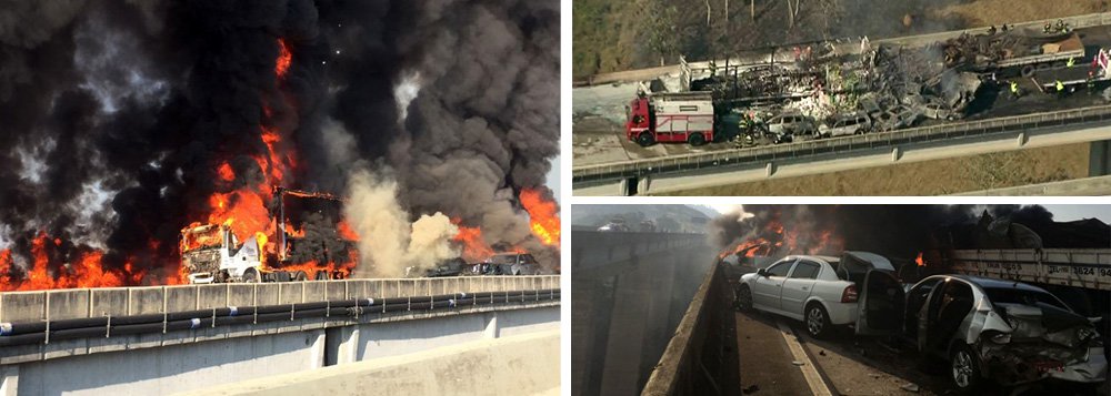 Pelo menos duas pessoas morreram e 20 ficaram feridas em razão de uma batida nesta quarta-feira (30) entre duas carretas, seguida de engavetamento envolvendo 36 veículos, na rodovia Carvalho Pinto (SP-70), em Jacareí, interior paulista; o acidente foi às 7h40 e, mais de cinco horas depois, todas as faixas de rolamento, na altura do km 75, permaneciam interditadas (Foto: Leonardo Lucena) Pelo menos duas pessoas morreram e 20 ficaram feridas em razão de uma batida nesta quarta-feira (30) entre duas carretas, seguida de engavetamento envolvendo 36 veículos, na rodovia Carvalho Pinto (SP-70), em Jacareí, interior paulista; o acidente foi às 7h40 e, mais de cinco horas depois, todas as faixas de rolamento, na altura do km 75, permaneciam interditadas
