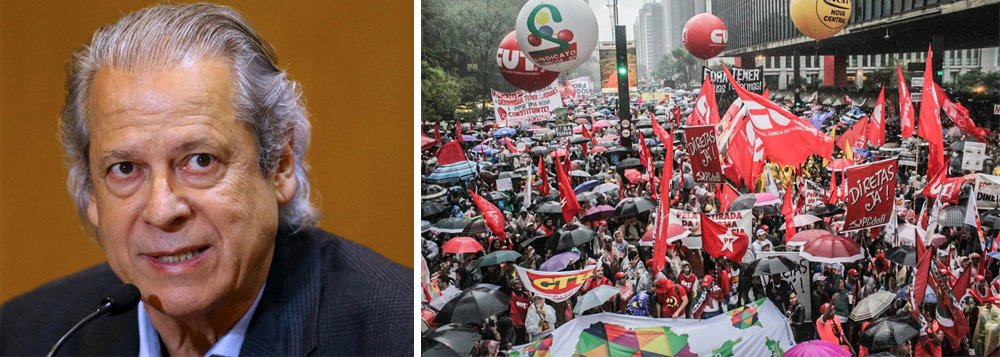 Em artigo publicado no Facebook do jornalista Breno Altman, o ex-ministro José Dirceu reflete sobre o cenário com o qual a esquerda brasileira irá se deparar nas eleições de 2018; "Que mudanças estamos fazendo no PT e nos movimentos onde temos incidência para a nova conjuntura que enfrentamos? Avaliamos que nada mudou no Brasil e que teremos eleições normais em 2018 e o vencedor tomará posse e realizará sua política sem oposição ou teremos e esperamos novas tentativas de golpe e sabotagem aberta como a que levou a queda de Dilma e ao atual desastre econômica e social?", questiona; Dirceu defende um plano com reformas estruturantes e diz que vitória progressista em 2018 depende do crescimento de um "amplo movimento de oposição pluralista" (Foto: Charles Nisz) Em artigo publicado no Facebook do jornalista Breno Altman, o ex-ministro José Dirceu reflete sobre o cenário com o qual a esquerda brasileira irá se deparar nas eleições de 2018; "Que mudanças estamos fazendo no PT e nos movimentos onde temos incidência para a nova conjuntura que enfrentamos? Avaliamos que nada mudou no Brasil e que teremos eleições normais em 2018 e o vencedor tomará posse e realizará sua política sem oposição ou teremos e esperamos novas tentativas de golpe e sabotagem aberta como a que levou a queda de Dilma e ao atual desastre econômica e social?", questiona; Dirceu defende um plano com reformas estruturantes e diz que vitória progressista em 2018 depende do crescimento de um "amplo movimento de oposição pluralista"