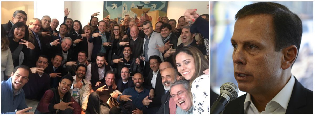 O prefeito de São Paulo, João Doria (PSDB), promoveu um banquete com 37 vereadores da cidade, com o objetivo de estreitar a relação com os parlamentares e, em consequência, garantir votos suficientes para aprovar projetos no Legislativo municipal. Cada convida recebeu uma taça de champanhe e tinha o direito de saborear diversas carnes, peixes e massas leves foram oferecidos aos parlamentares; este ano devem ser votados os projetos como a privatização do Complexo do Anhembi, que inclui o sambódromo, e a criação do fundo imobiliário, que venderá mais de mil imóveis da Prefeitura (Foto: Leonardo Lucena) O prefeito de São Paulo, João Doria (PSDB), promoveu um banquete com 37 vereadores da cidade, com o objetivo de estreitar a relação com os parlamentares e, em consequência, garantir votos suficientes para aprovar projetos no Legislativo municipal. Cada convida recebeu uma taça de champanhe e tinha o direito de saborear diversas carnes, peixes e massas leves foram oferecidos aos parlamentares; este ano devem ser votados os projetos como a privatização do Complexo do Anhembi, que inclui o sambódromo, e a criação do fundo imobiliário, que venderá mais de mil imóveis da Prefeitura