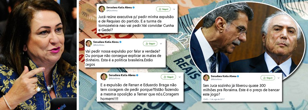 A senadora Kátia Abreu (PMDB-TO) enquadrou o senador Romero Jucá (PMDB-RR), um dos principais símbolos do golpe de 2016, que tem se movimento para promover a sua expulsão do partido, assim como a do senador Roberto Requião (PMDB-PR); segundo ela, Jucá não consegue explicar as malas de dinheiro entregues pela JBS a aliados de Michel Temer, como Rodrigo Rocha Loures, Eduardo Cunha e o coronel Lima; ela também ironiza o fato de Jucá pedir sua expulsão, mas não fazer nada em relação à turma da tornozeleira; a senadora também denuncia o custo da operação para salvar Temer e diz que Jucá conseguiu arrancar R$ 300 milhões para seus aliados em Roraima; "este é o preço para pagar este jogo?" (Foto: Leonardo Attuch) A senadora Kátia Abreu (PMDB-TO) enquadrou o senador Romero Jucá (PMDB-RR), um dos principais símbolos do golpe de 2016, que tem se movimento para promover a sua expulsão do partido, assim como a do senador Roberto Requião (PMDB-PR); segundo ela, Jucá não consegue explicar as malas de dinheiro entregues pela JBS a aliados de Michel Temer, como Rodrigo Rocha Loures, Eduardo Cunha e o coronel Lima; ela também ironiza o fato de Jucá pedir sua expulsão, mas não fazer nada em relação à turma da tornozeleira; a senadora também denuncia o custo da operação para salvar Temer e diz que Jucá conseguiu arrancar R$ 300 milhões para seus aliados em Roraima; "este é o preço para pagar este jogo?"