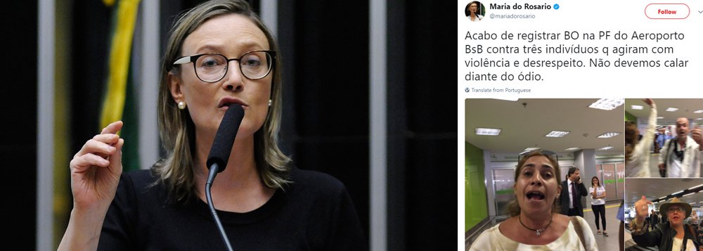 Depois dos ataques sofridos por partidários do deputado Jair Bolsonaro após o STJ confirmar a condenação do parlamentar fluminense por danos morais, Maria do Rosário (PT-RS) volta a sofrer ataques da extrema-direita; ao desembarcar no aeroporto de Brasília nesta terça-feira (29), a parlamentar foi hostilizada e registrou Boletim de Ocorrência na Polícia Federal; "Acabo de registrar BO na PF do Aeroporto BsB contra três indivíduos q agiram com violência e desrespeito. Não devemos calar diante do ódio", postou Maria do Rosário em seu Twitter. (Foto: Charles Nisz) Depois dos ataques sofridos por partidários do deputado Jair Bolsonaro após o STJ confirmar a condenação do parlamentar fluminense por danos morais, Maria do Rosário (PT-RS) volta a sofrer ataques da extrema-direita; ao desembarcar no aeroporto de Brasília nesta terça-feira (29), a parlamentar foi hostilizada e registrou Boletim de Ocorrência na Polícia Federal; "Acabo de registrar BO na PF do Aeroporto BsB contra três indivíduos q agiram com violência e desrespeito. Não devemos calar diante do ódio", postou Maria do Rosário em seu Twitter.