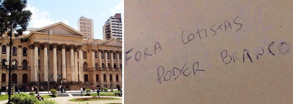 Charllotesville é aqui: mensagem “Fora cotistas. Poder branco”, de cunho claramente racista e nazi-fascista, é encontrada em parede do banheiro da Faculdade de Medicina da Universidade Federal do Paraná; pichação acontece menos de uma semana após a manifestação “supremacista” e nazista nos Estados Unidos (Foto: Charles Nisz) Charllotesville é aqui: mensagem “Fora cotistas. Poder branco”, de cunho claramente racista e nazi-fascista, é encontrada em parede do banheiro da Faculdade de Medicina da Universidade Federal do Paraná; pichação acontece menos de uma semana após a manifestação “supremacista” e nazista nos Estados Unidos