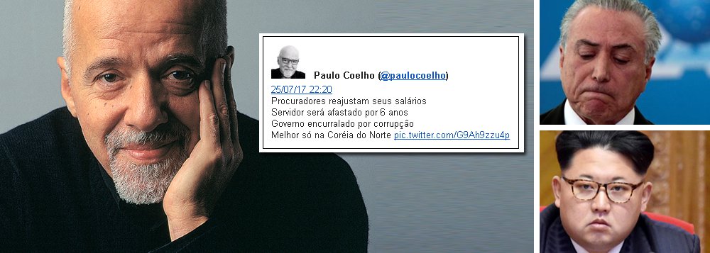 O escritor Paulo Coelho resumiu, de forma irônica, o Brasil pós-golpe, juntando os fatos mais recentes do noticiário; de um lado, os procuradores se concedem um reajuste salarial 450% superior à inflação; no Executivo, o governo traça um plano para afastar servidores por seis anos, enquanto Michel Temer segue encurralado pela corrupção; "melhor, só na Coreia do Norte", pontuou; recentemente, Paulo Coelho também escreveu que o único crime hediondo no Brasil parece ser a pedalada fiscal (Foto: Leonardo Attuch) O escritor Paulo Coelho resumiu, de forma irônica, o Brasil pós-golpe, juntando os fatos mais recentes do noticiário; de um lado, os procuradores se concedem um reajuste salarial 450% superior à inflação; no Executivo, o governo traça um plano para afastar servidores por seis anos, enquanto Michel Temer segue encurralado pela corrupção; "melhor, só na Coreia do Norte", pontuou; recentemente, Paulo Coelho também escreveu que o único crime hediondo no Brasil parece ser a pedalada fiscal