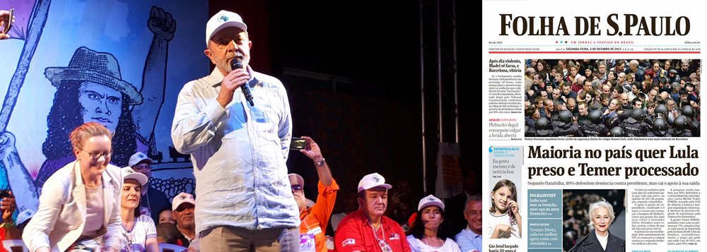Em ato no Rio de Janeiro promovido pelo MAB (Movimento dos Atingidos por Barragens), na noite desta segunda-feira 2, o ex-presidente Lula criticou a pergunta feita pelo instituto Datafolha sobre se a população acha que ele deve ser preso, diante das denúncias da Lava Jato; "Hoje eu fiquei estarrecido. A Folha de S.Paulo faz uma pergunta com a seguinte frase: olha, você acha que o Lula deve ser preso, em função de todas as denúncias da Lava Jato? E 56% dizem que eu deveria ser preso. Ora, a pergunta não é essa. A pergunta é saber quem é que faz a pergunta da Lava Jato. É a Rede Globo de Televisão", denunciou; Lula disse que a imprensa, "para evitar" que ele saia candidato, tenta "transformar todas as mentiras que contam contra ele em verdade" (Foto: Gisele Federicce) Em ato no Rio de Janeiro promovido pelo MAB (Movimento dos Atingidos por Barragens), na noite desta segunda-feira 2, o ex-presidente Lula criticou a pergunta feita pelo instituto Datafolha sobre se a população acha que ele deve ser preso, diante das denúncias da Lava Jato; "Hoje eu fiquei estarrecido. A Folha de S.Paulo faz uma pergunta com a seguinte frase: olha, você acha que o Lula deve ser preso, em função de todas as denúncias da Lava Jato? E 56% dizem que eu deveria ser preso. Ora, a pergunta não é essa. A pergunta é saber quem é que faz a pergunta da Lava Jato. É a Rede Globo de Televisão", denunciou; Lula disse que a imprensa, "para evitar" que ele saia candidato, tenta "transformar todas as mentiras que contam contra ele em verdade"