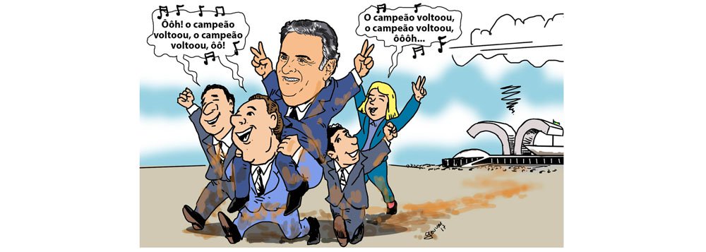 Seus aliados, responsáveis pela salvação do tucano, ovacionam o retorno de Aécio Neves ao mandato também sujos de lama, ilustra a charge de Geuvar Oliveira (Foto: Gisele Federicce) Seus aliados, responsáveis pela salvação do tucano, ovacionam o retorno de Aécio Neves ao mandato também sujos de lama, ilustra a charge de Geuvar Oliveira